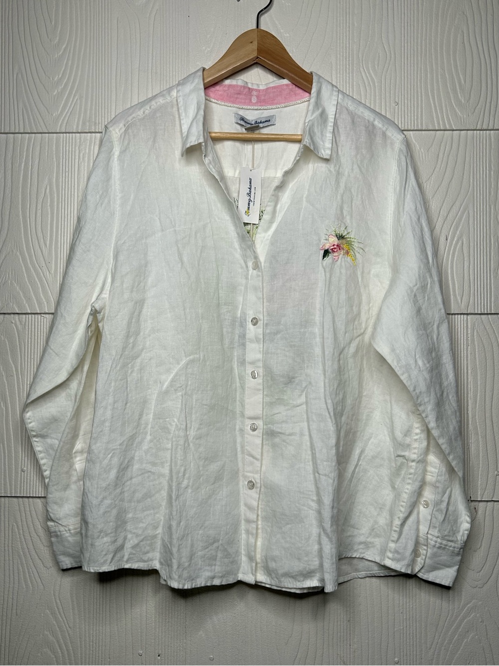Tommy Bahama White Linen Long Sleeve Shirt with Floral Embroidery